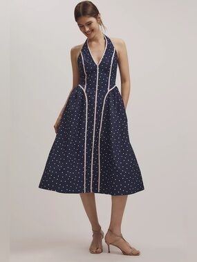 Maeve Anthropologie Halter Midi Dress Navy Heart Print XS